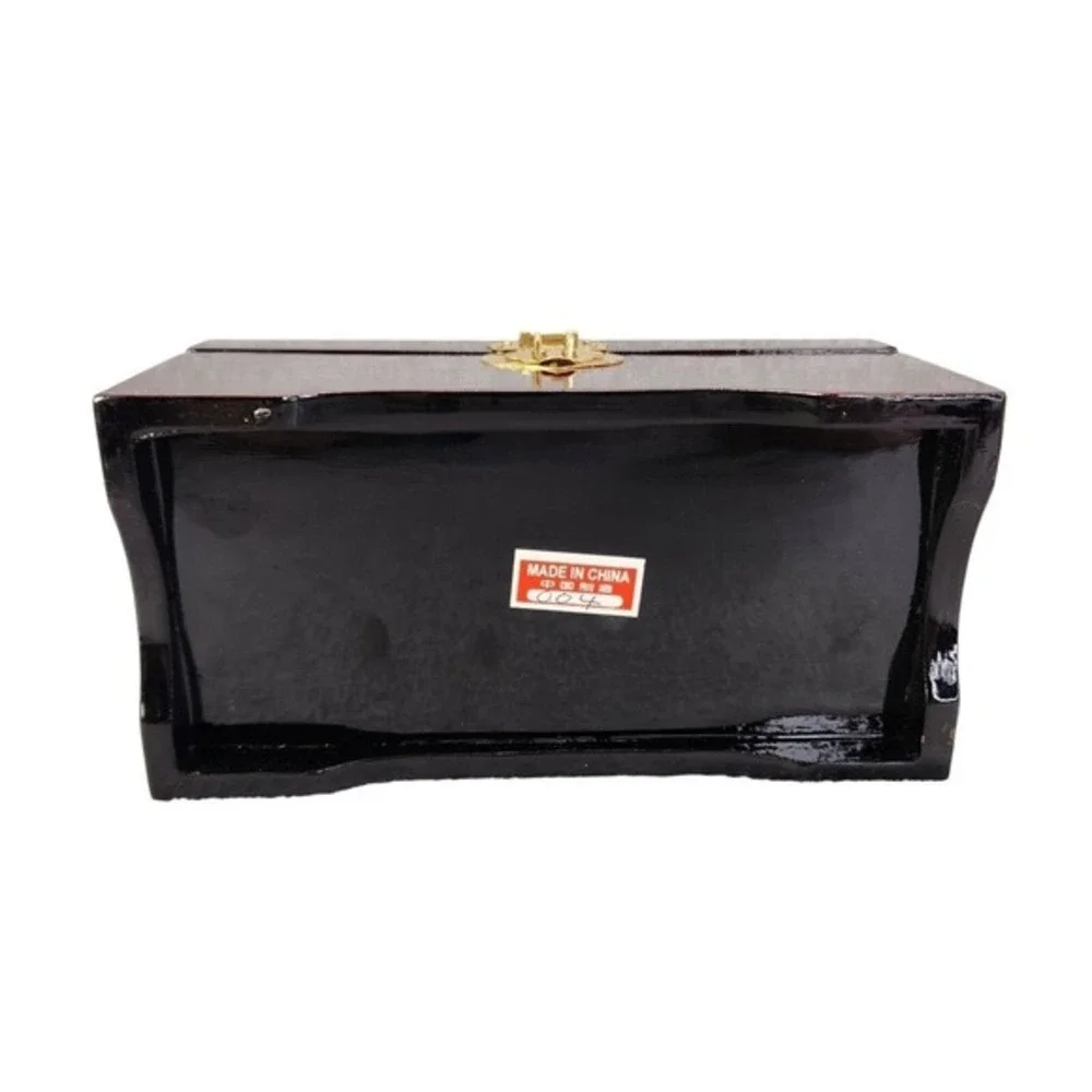 Lacquered Wood Jewelry Box Cork Diorama Pagoda Cranes Footed‎ Trinket Box READ